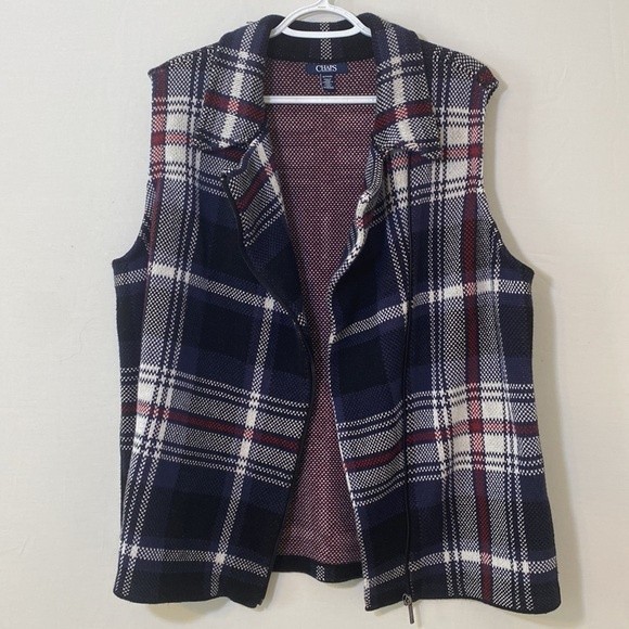 Chaps Womens Knit Sweater Moto Vest Size XXL Plaid Cotton Asymmetric Zip - Picture 8 of 8